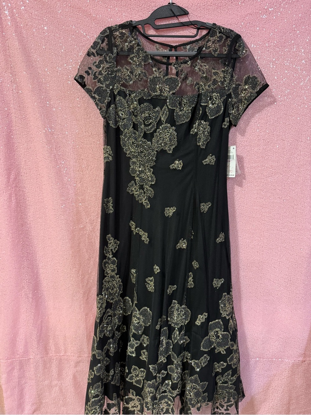SLNY Black Midi Dress with Gold Floral Embroidery N4
